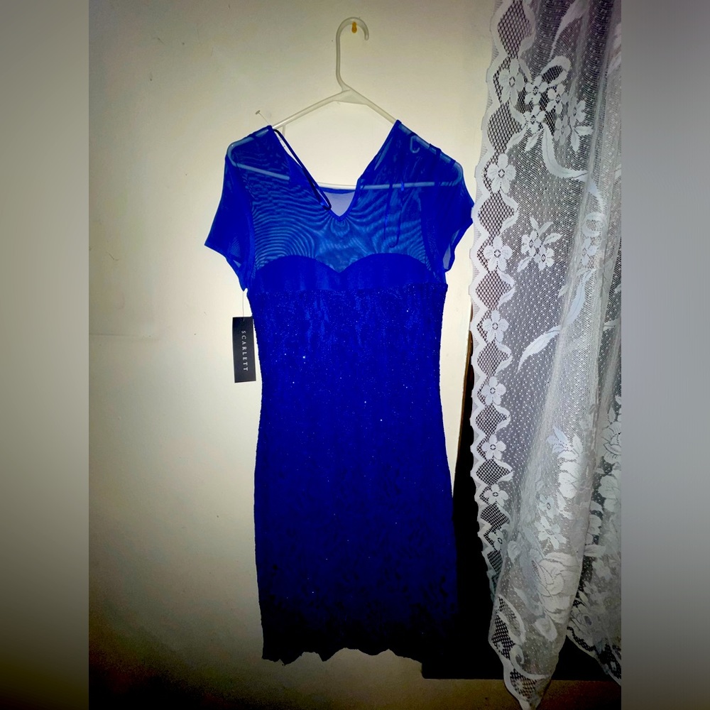 Royal blue sheer top, lace sparkle evening dress. Brand is Scarlet size 8